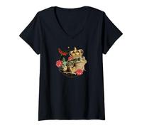 Femme Couronne Roi Grenouille Libellule Fleur Cottagecore Esthétique Memes T-Shirt avec Col en V