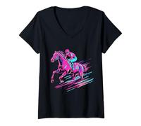 Femme Course de Chevaux Derby Racer Jockey Horse Rider Retro Wave T-Shirt avec Col en V