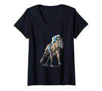 Femme Course de Chevaux Jockey Action Equestre Pur-Sang Sport T-Shirt avec Col en V