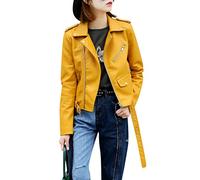 Femme Courte Veste PU Cuir Veste Aviateur Classique Manteaux Jacket Jaune L