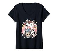 Femme Cow Boba Tea Bubble Tea Anime Kawaii T-Shirt avec Col en V