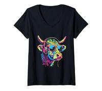 Femme Cow Music DJ Techno Music Casque Beatmaker Dance Club T-Shirt avec Col en V