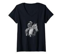 Femme Cowboy Cheval, œuvre d'art emblématique de l'ouest sombre solitaire T-Shirt avec Col en V