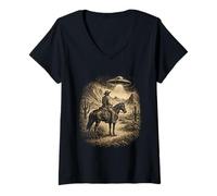 Femme Cowboy Classique OVNI Alien Craft Encounter Western Mystery T-Shirt avec Col en V