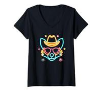 Femme Cowboy Fox Face Lunettes de Soleil Hiver Western Graphique Rose Cool T-Shirt avec Col en V