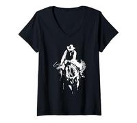 Femme Cowboy Horseback Lasso Silhouette Western Rodéo Cowboy on T-Shirt avec Col en V