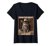 Femme Cowboy Kitty « How The West Was Won» T-Shirt Humoristique pour Chat Western T-Shirt avec Col en V
