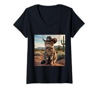 Femme Cowboy Kitty On The Desert T-shirt amusant pour chat Western T-Shirt avec Col en V