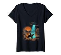 Femme Cowboy UFO Desert Encounter Rétro Western Alien T-Shirt avec Col en V