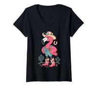 Femme Cowgirl Flamingo in Boots Funny Pink Bird Desert Scene T-Shirt avec Col en V