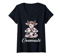 Femme Cowmasté Méditant Drôle de Vache Yoga T-Shirt avec Col en V