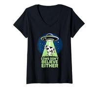 Femme Cows Don't Believe Either Funny UFO T-Shirt avec Col en V