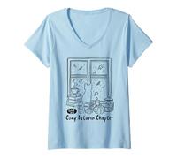 Femme Cozy Autumn Cat Fall Reading Café Citrouilles Cookies Mignon T-Shirt avec Col en V
