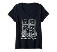 Femme Cozy Autumn Cat Fall Reading Café Citrouilles Cookies Mignon T-Shirt avec Col en V