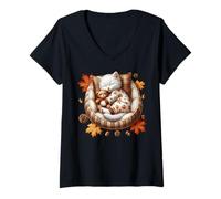 Femme Cozy Autumn Cat for Kitten Mom Who Loves Pumpkins Fall Vibes T-Shirt avec Col en V