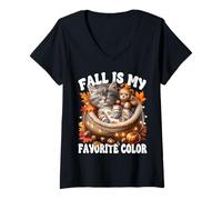 Femme Cozy Autumn Cat in Kitten Bed Fall is My Favorite Color T-Shirt avec Col en V