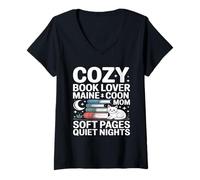 Femme Cozy Book Lover Maine Coon Mom Soft Pages Quiet Nights T-Shirt avec Col en V