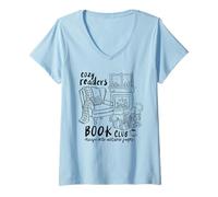 Femme Cozy Readers Book Club Automne Chat Citrouilles Café Automne Mignon T-Shirt avec Col en V