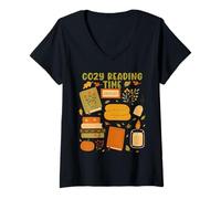 Femme Cozy Reading Time Book Lover Hygge Art T-Shirt avec Col en V
