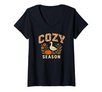 Femme Cozy Season Fleurs de Citrouille d'oie d'ambiance d'automne T-Shirt avec Col en V