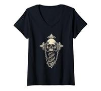 Femme Crâne avec Croix en Argent | Chaînes | Goth | Emo | y2k | Grunge T-Shirt avec Col en V