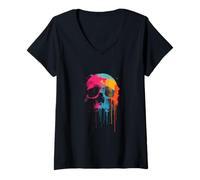 Femme Crâne Classique Hard Rock Graffiti - Graffiti de Peinture dégoulinante T-Shirt avec Col en V