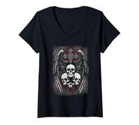 Femme Crâne Croix Y2K Goth Alt Grunge Gothique Emo Aesthetic Wings T-Shirt avec Col en V