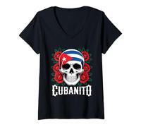 Femme Crâne Cubanito Drapeau Cubain Roses Rouges T-Shirt avec Col en V