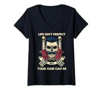 Femme Crâne de barbier Citation Life Isn't Perfect Hair Can Be T-Shirt avec Col en V