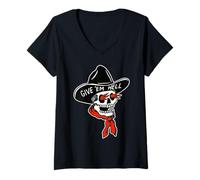 Femme Crâne de Cowboy Reaper x Give em Hell Tatouage Traditionnel Flash T-Shirt avec Col en V