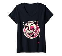 Femme Crâne de fille qui cligne de l’œil avec nœud et créoles T-Shirt avec Col en V