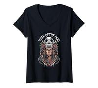 Femme Crâne de guerrier Année du chien Motif roses tribales Force T-Shirt avec Col en V