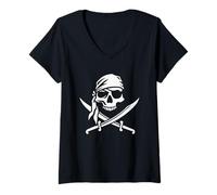 Femme Crâne de Pirate et épées croisées T-Shirt avec Col en V