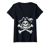 Femme Crâne de Pirate et os croisés Classique Jolly-Roger Line Art T-Shirt avec Col en V