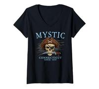 Femme Crâne de Pirate Mystique Connecticut Depuis 1654 Cyan T-Shirt avec Col en V