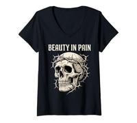 Femme Crâne Gothique Couronne d'épine beauté dans la Douleur Sombre esthétique T-Shirt avec Col en V