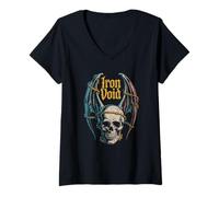 Femme Crâne Iron Void avec Ailes de Chauve-Souris démon T-Shirt avec Col en V