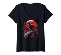 Femme Crâne Lune Gothique Corbeau Noir Fête d'halloween T-Shirt avec Col en V