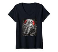 Femme Crâne Lune Gothique Corbeau Noir Fête d'halloween T-Shirt avec Col en V