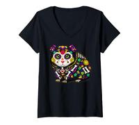 Femme Crâne Mexicaine de Cochon d'Inde Calavera Viva Mexico Party T-Shirt avec Col en V
