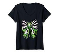 Femme Crâne Papillon Effrayant Vert Mignon pour Halloween, Gothique, esthétique T-Shirt avec Col en V