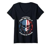Femme Crâne Patriotique et fusils - in Defense of Freedom 2A USA T-Shirt avec Col en V