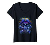 Femme Crâne Pirate rétro et Drapeau des bornes croisées Halloween T-Shirt avec Col en V