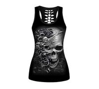 Femme Crâne Sport Débardeurs Gothique Cache-cœur Gilet d'entraînement sans Manches Chemise Criss Cross Noir T-Shirt Halloween
