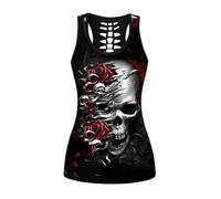 Femme Crâne Sport Débardeurs Gothique Cache-cœur Gilet d'entraînement sans Manches Chemise Criss Cross Noir T-Shirt Halloween