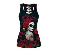 Femme Crâne Sport Débardeurs Gothique Cache-cœur Gilet d'entraînement sans Manches Chemise Criss Cross Noir T-Shirt Halloween