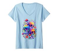 Femme Crânes colorés Champignons Aquarelle céleste Cottagecore T-Shirt avec Col en V