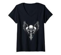 Femme Crânes et Ailes Gothiques avec épée - Esthétique Sombre T-Shirt avec Col en V