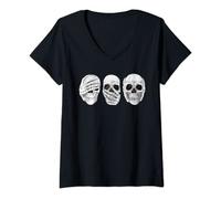 Femme Crânes gothiques « Hear See Speak No Evil » T-Shirt avec Col en V