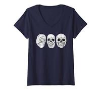 Femme Crânes Gothiques « Hear See Speak No Evil » T-Shirt avec Col en V, Bleu Marine, XL